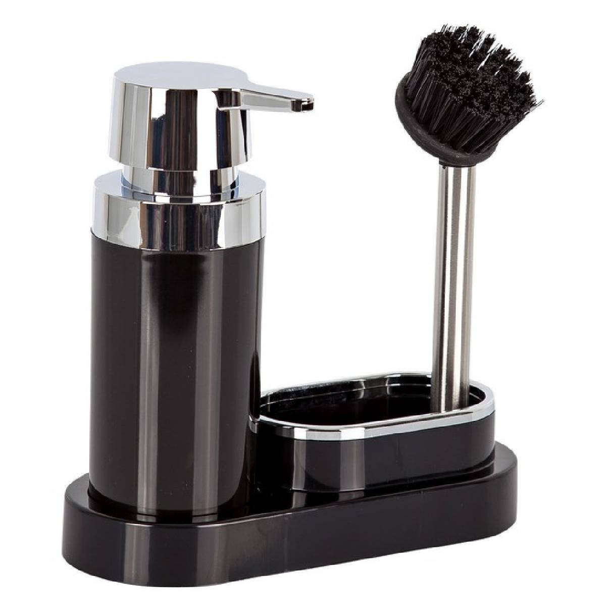 Dispenser detergent de vase, POLEN, Negru, cu suport pentru burete si perie, , 300 ml