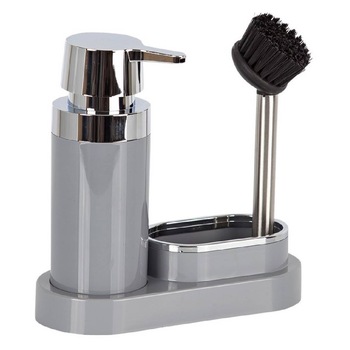 Dispenser detergent de vase, POLEN, Gri, cu suport pentru burete si perie Dispenser detergent de vase, POLEN, Gri, cu suport pentru burete si perie