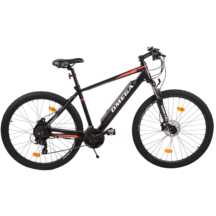Bicicleta electrica Omega Liohult 29 inch, cadru aluminiu, baterie 36V/12.8Ah Lithium-Ion, display, motor Bafang, pana la 25km/h, frana hidraulica pe disc, negru/portocaliu/alb