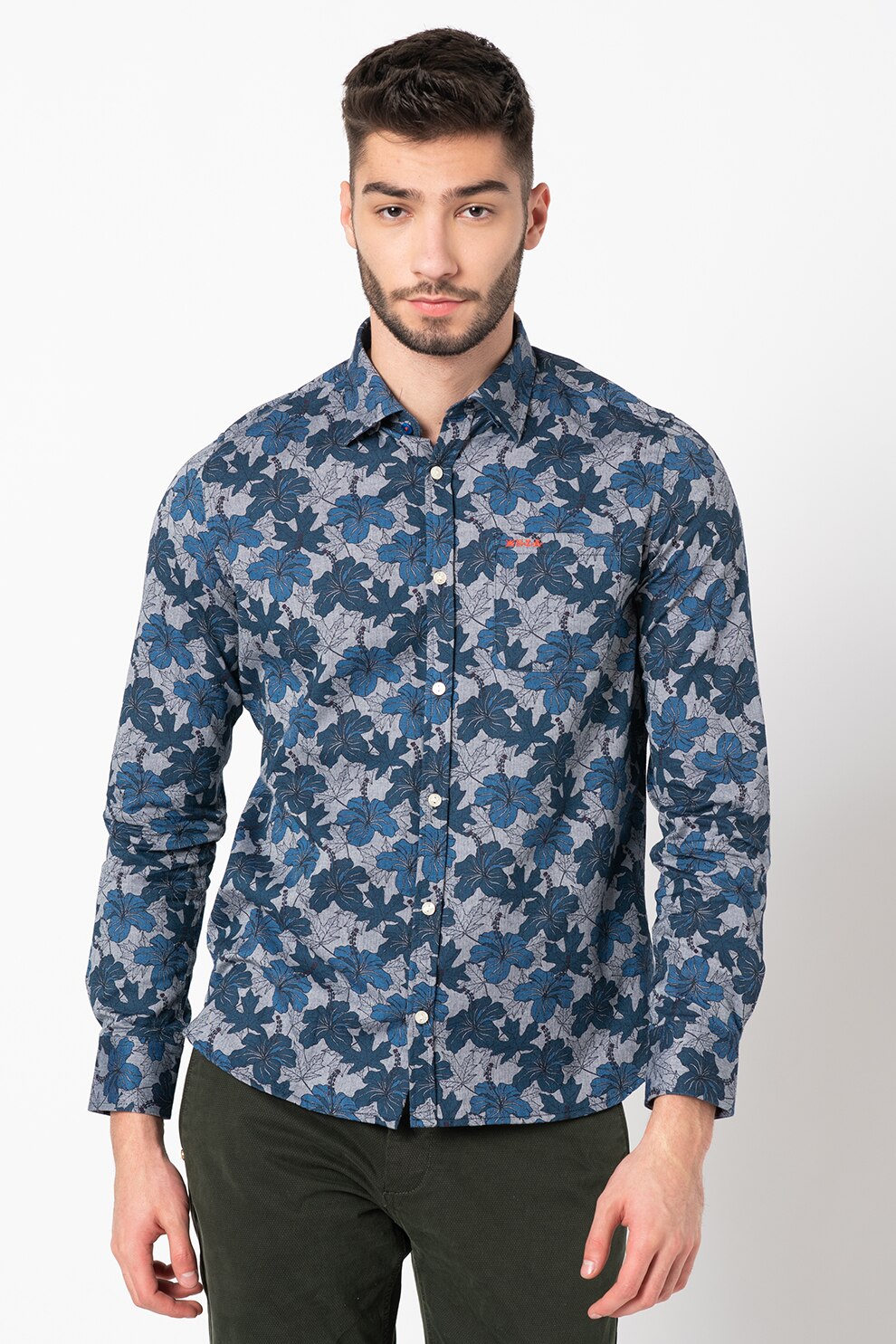 New Zealand Auckland, Camasa din bumbac cu model cu hibiscus Mangles, Albastru/Alb