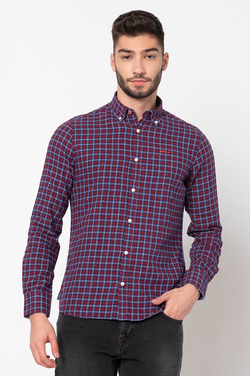 New Zealand Auckland, Camasa cu guler fixat cu nasturi si model in carouri Wairere, Rosu/albastru royal/alb, S