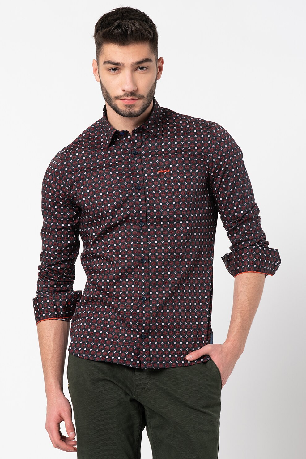 New Zealand Auckland, Camasa elastica cu imprimeu floral Taihiki, Bleumarin/Rosu/Alb, S