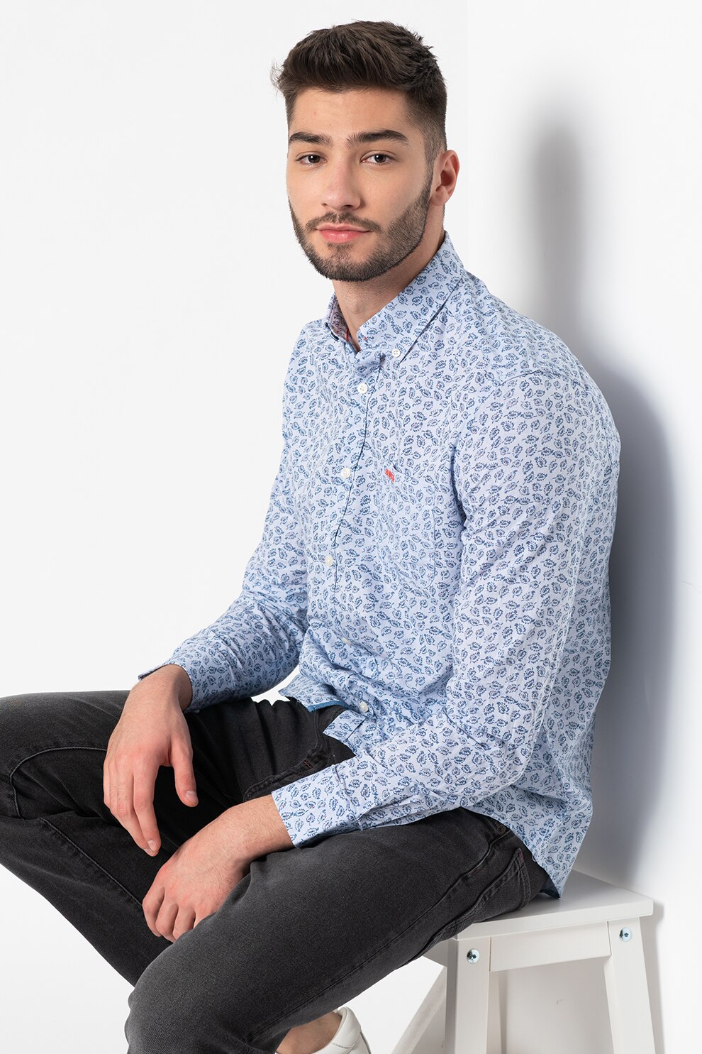 New Zealand Auckland, Camasa de bumbac cu model cu frunze Hamilton, Bleu/Albastru inchis