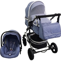 Carucior nou nascuti 3 in 1 Baby Care™ PRO 531, Cu geanta bebe, Cadru Aluminiu , Amortizoare, Roti din cauciuc plin AVE, Landou, Scoica auto, Spatar reglabil 3 trepte, Plasa insecte, Albastru Jeans