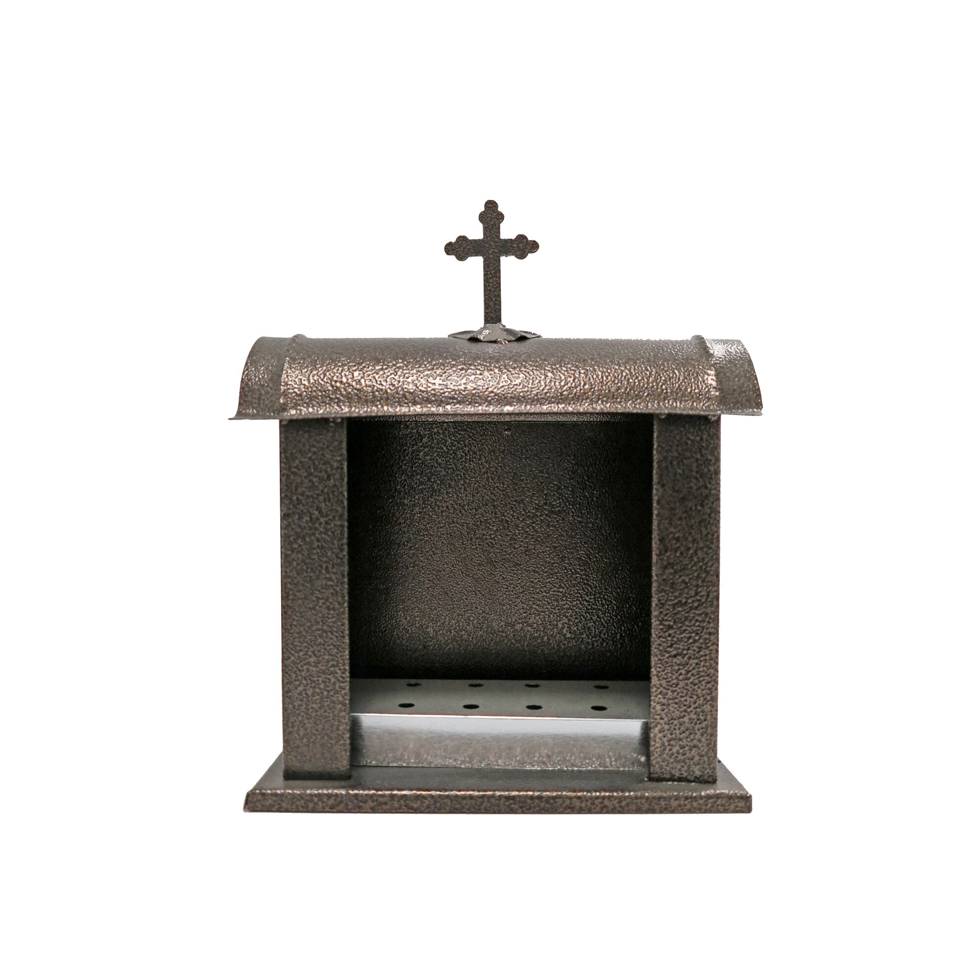 Felinar metalic pentru cimitir, Grs, F05, vopsit electrostatic, cupru lovitura de ciocan, Maro, fara picior, 30x35x16 cm