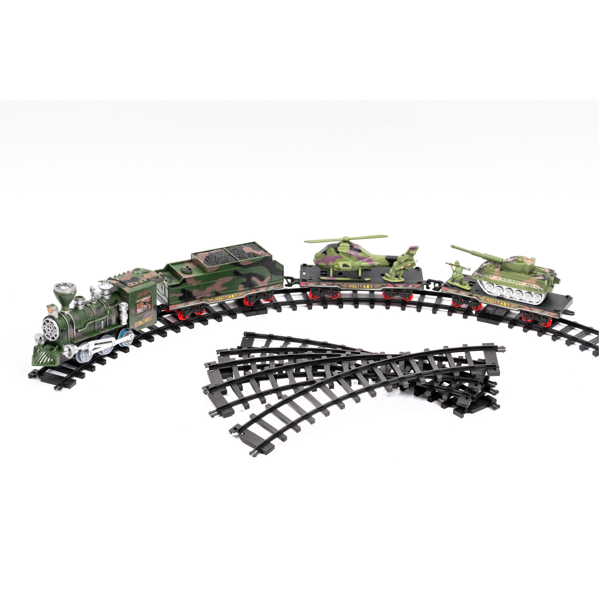 Trenulet electric cu lumina si sunet Army Train , 1 locomotiva , 3 vagoane, traseu sine