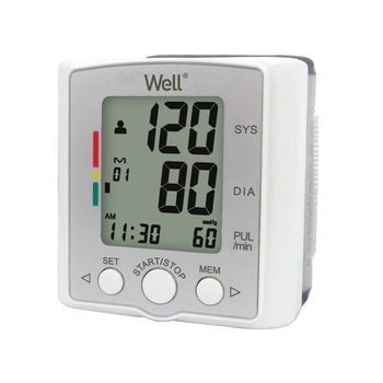 Tensiometru electronic de incheietura Well Vigor, 0mmHg-299mmHg, 40-180 bpm, afisaj XXL, 60 memorii, functie UHB, WHO, Alb Tensiometru electronic de incheietura Well Vigor, 0mmHg-299mmHg, 40-180 bpm, afisaj XXL, 60 memorii, functie UHB, WHO, Alb
