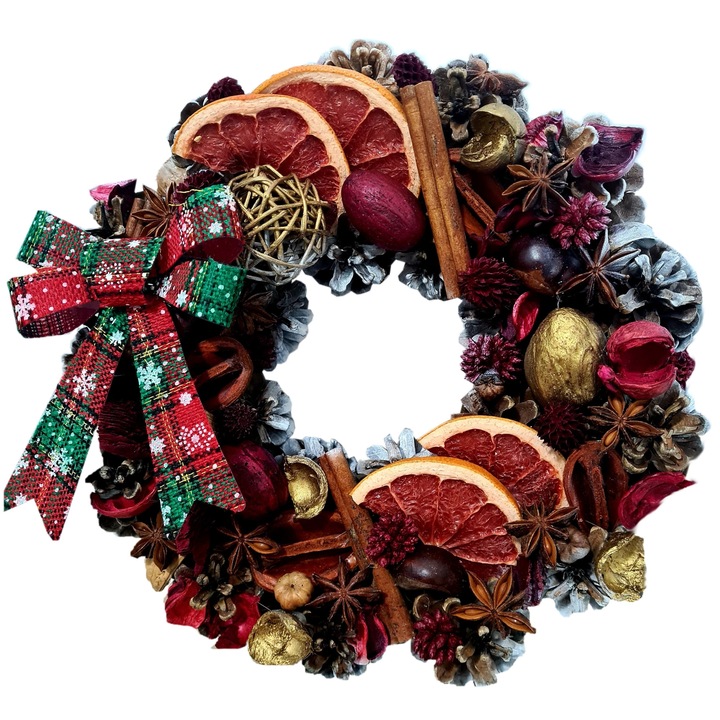 Coronita de Craciun lucrata manual din conuri de brad, Christmas Spirit, elemente naturale si artificiale, 30 cm