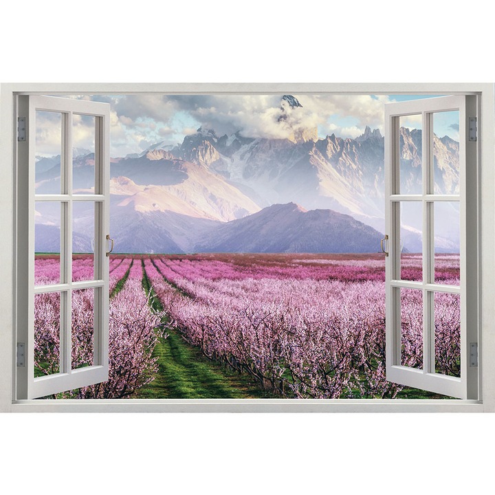 Sticker fereastra 3D, Stickermania, Peisaj cu munte si flori, 60x90 cm