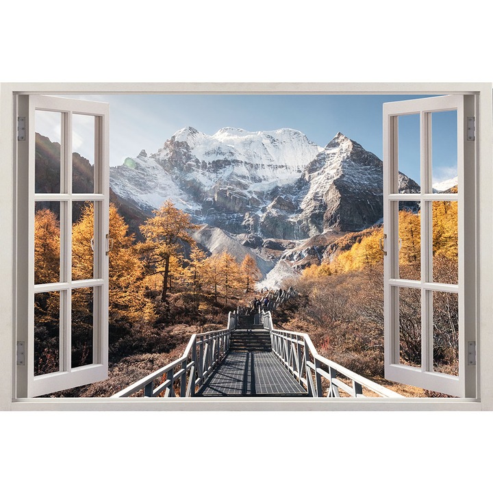 Sticker Fereastra 3D, Stickermania, Peisaj cu munte toamna, 60x90 cm
