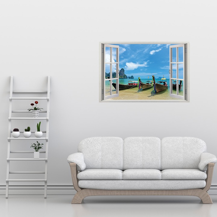 Sticker Fereastra 3D, Stickermania, Peisaj cu barci la malul marii, 90x130 cm