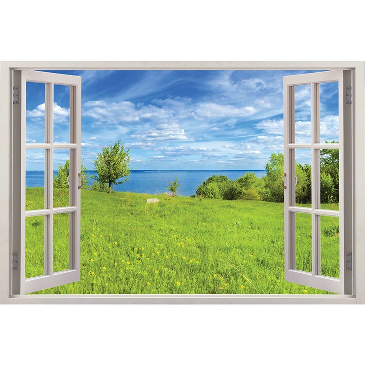 Sticker Fereastra 3D, Stickermania, Peisaj cu ocean si camp verde 5, 60x90 cm