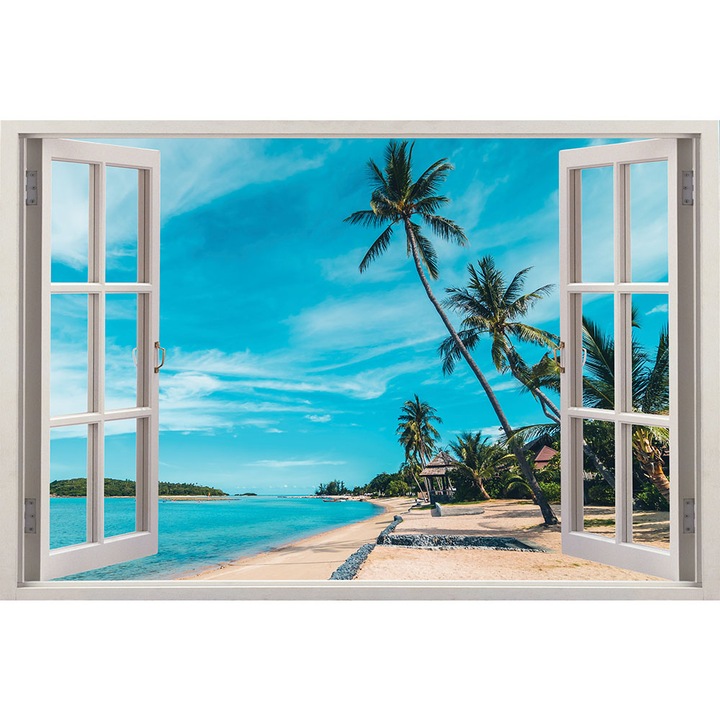 Sticker Fereastra 3D, Stickermania, Peisaj cu plaja exotica, 60x90 cm