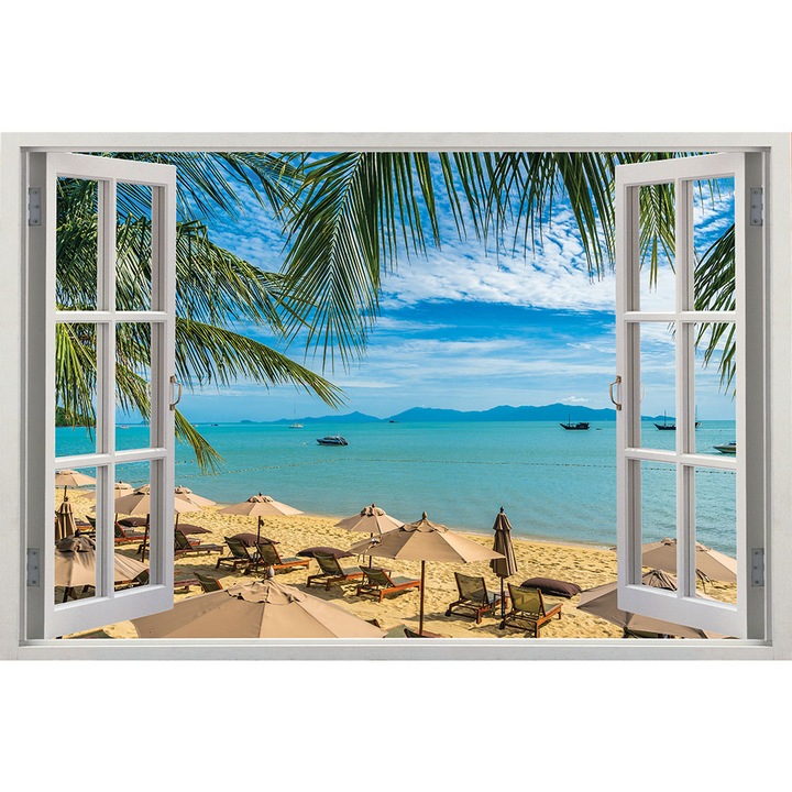 Sticker Fereastra 3D, Stickermania, Peisaj cu ocean si plaja 55, 60x90 cm