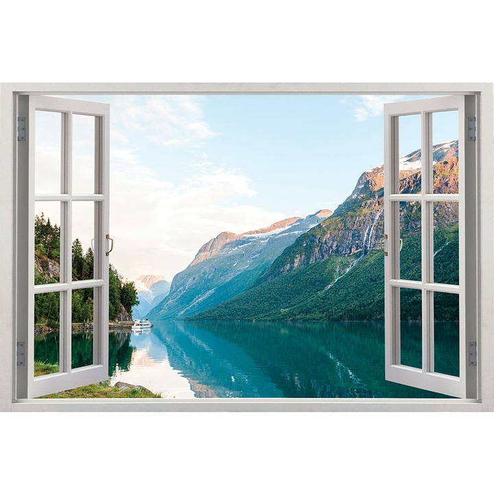 Sticker Fereastra 3D, Stickermania, Peisaj cu lac in munte, 90x130 cm