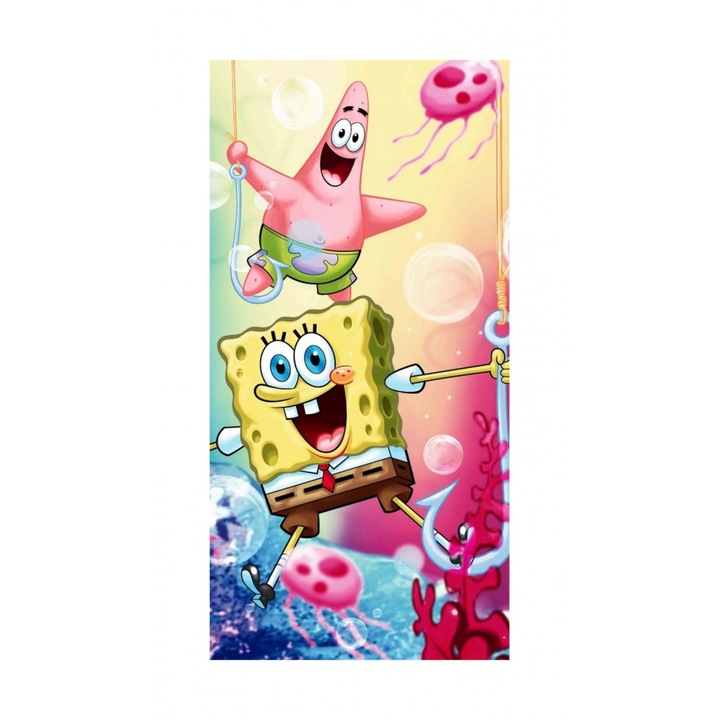Strandtörölköző gyerekeknek, Jerry Fabrics, Spongyabob, Pamut, 70x140 cm, Többszínű