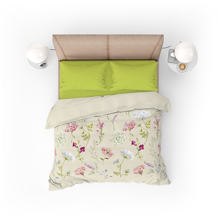 Спален комплект DILIOS, Ботаника, БЕЗ долен чаршаф, Екрю/зелено, 3 части
