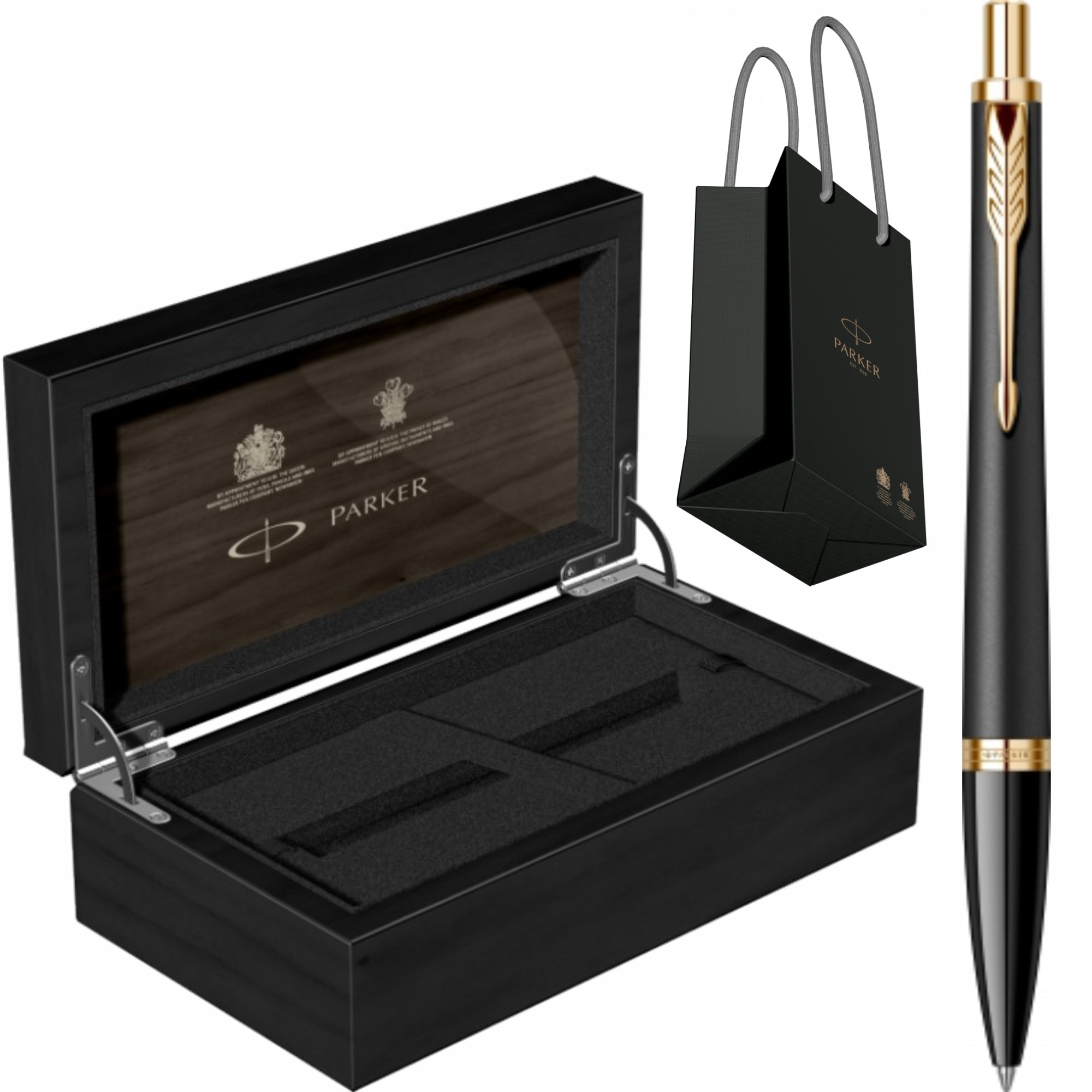 Set Pix Parker Urban Royal Muted Black GT Personalizat prin Gravura Laser cu Cutie de Lemn Parker si Punga Parker