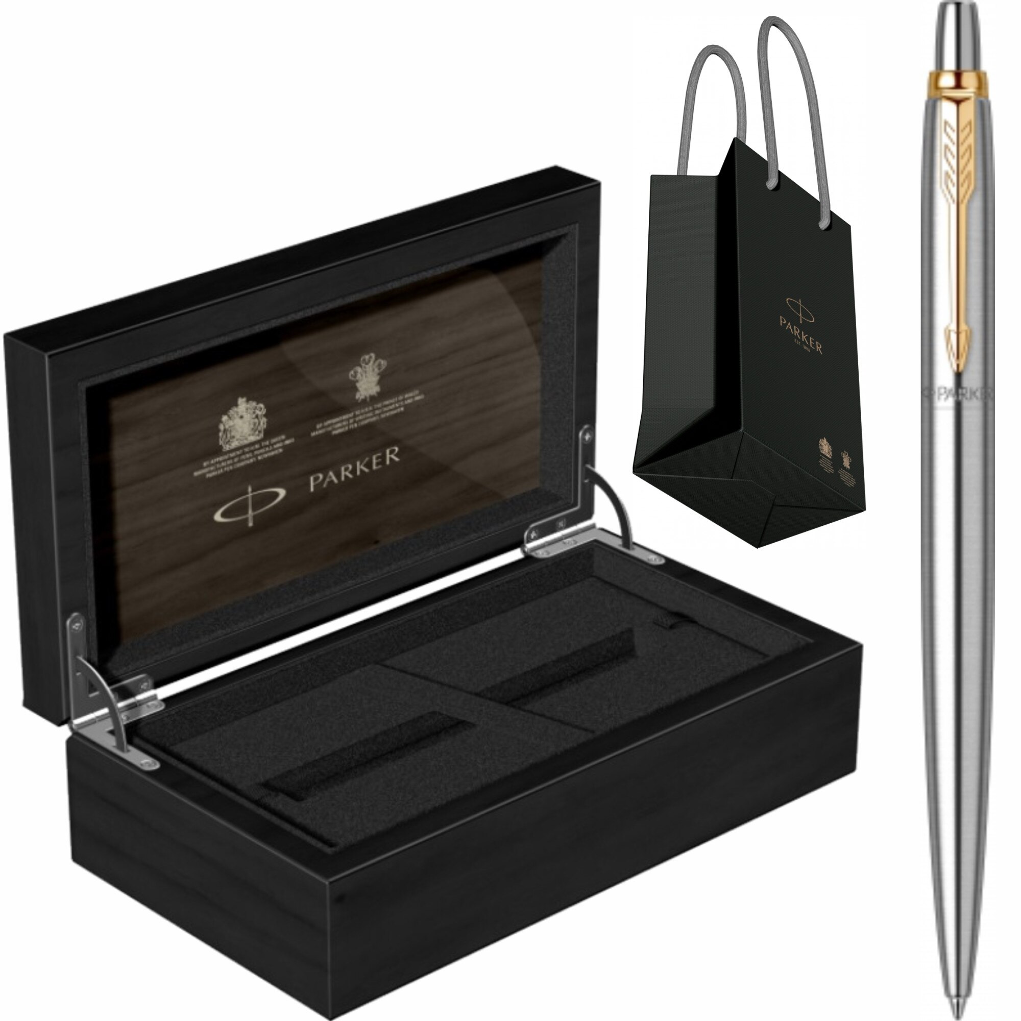 Set Pix Parker Jotter Royal Stainless Steel GT Personalizat prin Gravura Laser cu Cutie de Lemn Parker si Punga Parker