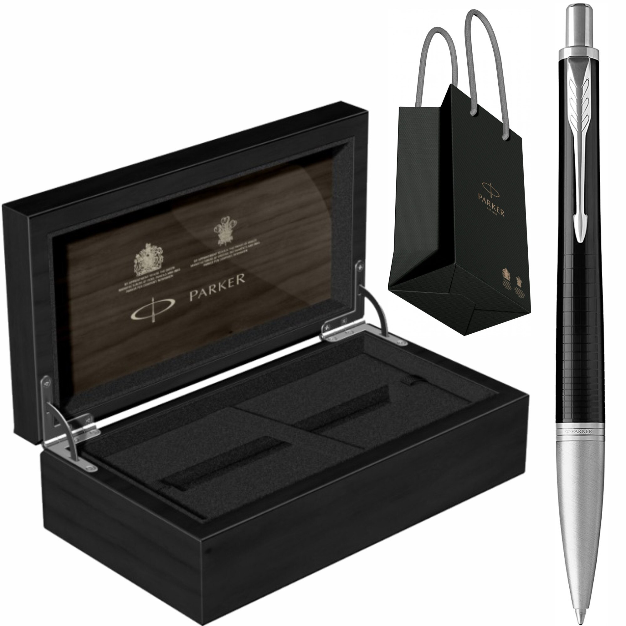 Set Pix Parker Urban Royal Premium Ebony Metal Chiselled CT Personalizat prin Gravura Laser in Cutie de Lemn Parker si Punga Parker
