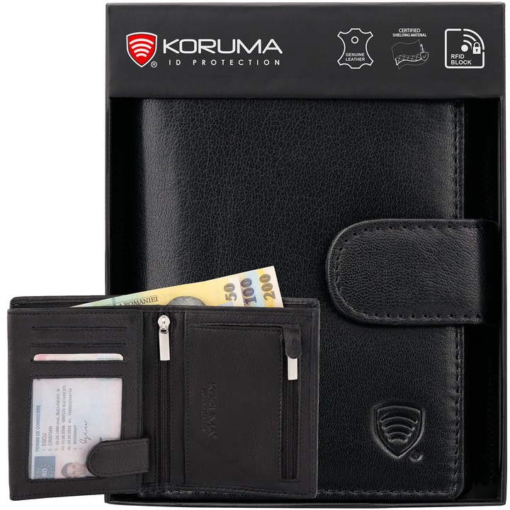 Portofel barbati, piele naturala, securitate RFID BLOCK, buzunar pentru buletin, Koruma SM-909GBL, Negru