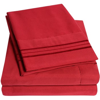 Set lenjerie de pat, cearceaf cu elastic, brodata, bumbac 100%, pat 1 persoana, rosu Set lenjerie de pat, cearceaf cu elastic, brodata, bumbac 100%, pat 1 persoana, rosu
