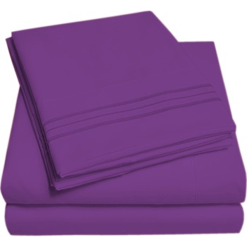 Set lenjerie de pat, cearceaf cu elastic, brodata, bumbac 100%, pat 1 persoana, mov Set lenjerie de pat, cearceaf cu elastic, brodata, bumbac 100%, pat 1 persoana, mov