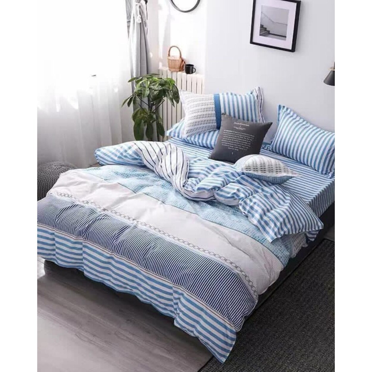 Set Lenjerie de Pat Bumbac Satinat, 4 Piese, Pat 1 Persoana, Blue Stripes