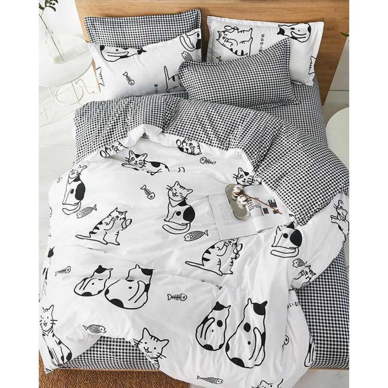 Set Lenjerie de Pat Bumbac Satinat, 4 Piese, Pat 1 Persoana, Cats and Bones