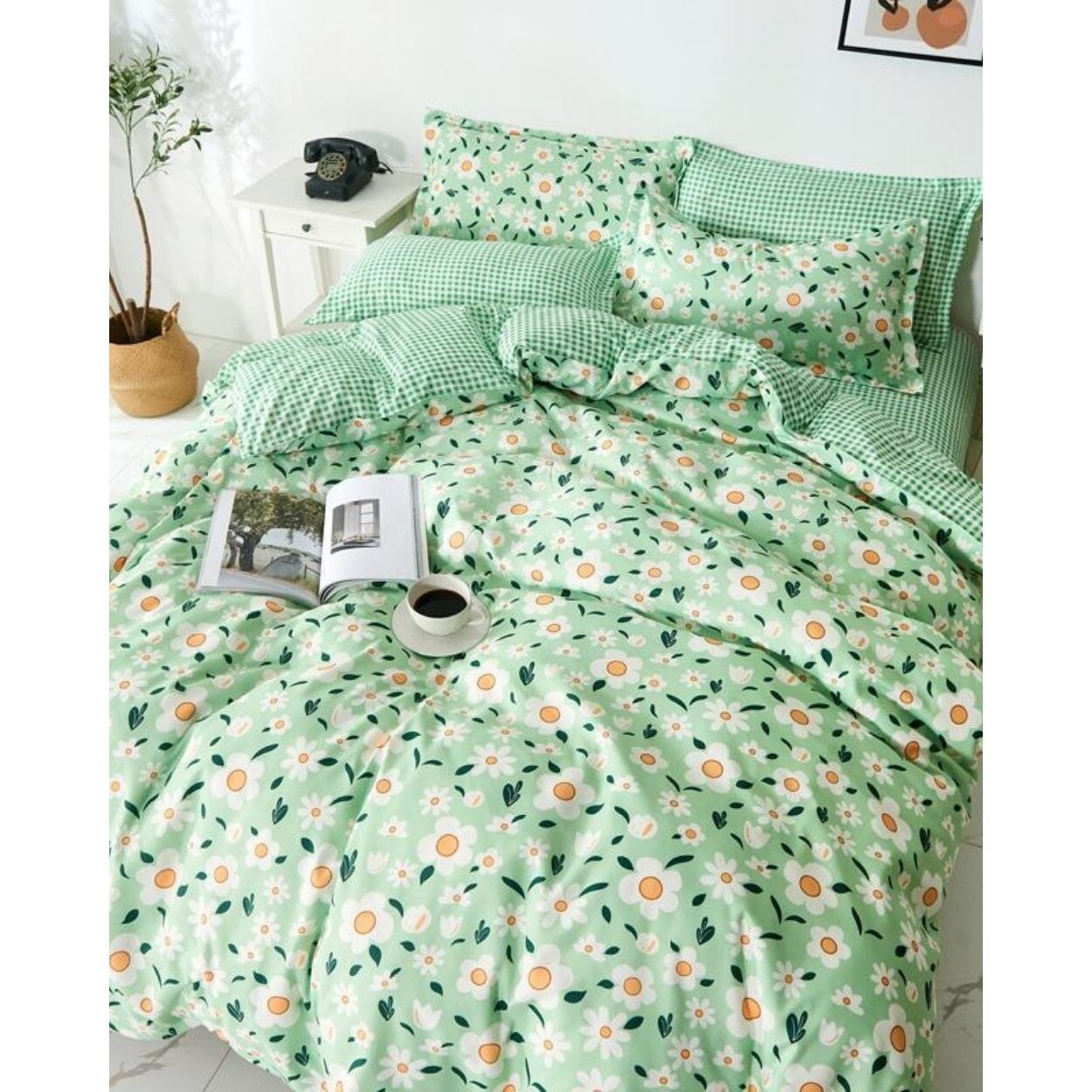 Set Lenjerie de Pat Bumbac Satinat, 4 Piese, Pat 1 Persoana, White Sunflower