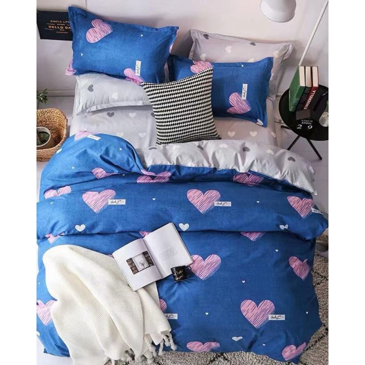 Set Lenjerie de Pat Bumbac Satinat, 4 Piese, Pat 1 Persoana, Inimi Roz