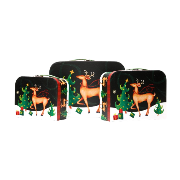 Комплект от 3 коледни кутии тип торба, Createur, модел Rudolf, 15 x 23 x 7,2 cm, 17,5 × 25,5 × 8,5 cm, 20 x 28 x 9,5 cm