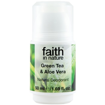 Deodorant roll-on natural Faith in Nature cu ceai verde si Aloe Vera, 50 ml Deodorant roll-on natural Faith in Nature cu ceai verde si Aloe Vera, 50 ml
