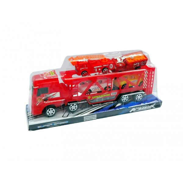 Set masina tip tir cu 4 masinute de pompier,41x31 cm
