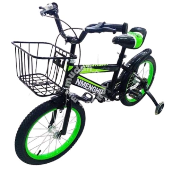 Детско колело, Go kart Noe 16 цола, силиконови помощни колела, звънец, кошница, багажник, възраст 4-6 години, зелен цвят