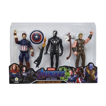 Set 3 figurine articulate tip super eroi Avengers, Capitanul America, Thor, IronMan in costum negru, dimensiune figurina 15 cm, arme incluse, multicolor, + 3 ani Set 3 figurine articulate tip super eroi Avengers, Capitanul America, Thor, IronMan in costum negru, dimensiune figurina 15 cm, arme incluse, multicolor, + 3 ani