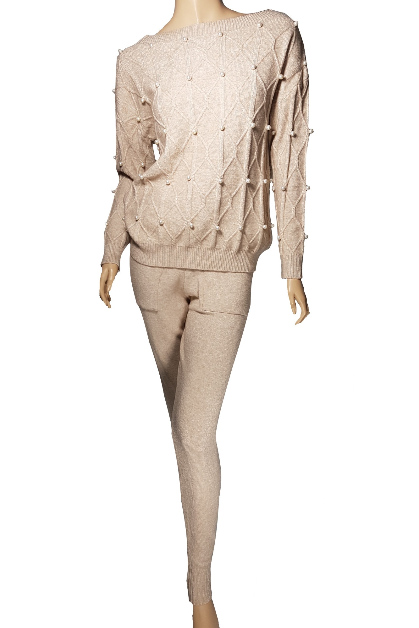 Compleu tricotat dama, crem, sport/casual, one size