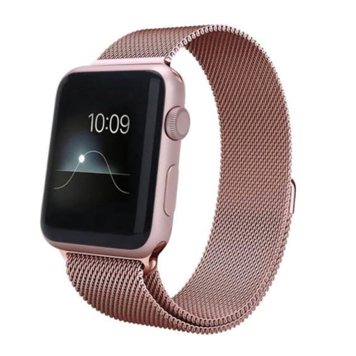 Curea Devia Elegant Milanese Loop pentru Apple Watch 38mm / 40mm, Rose Gold, metalic, inchidere magnetica