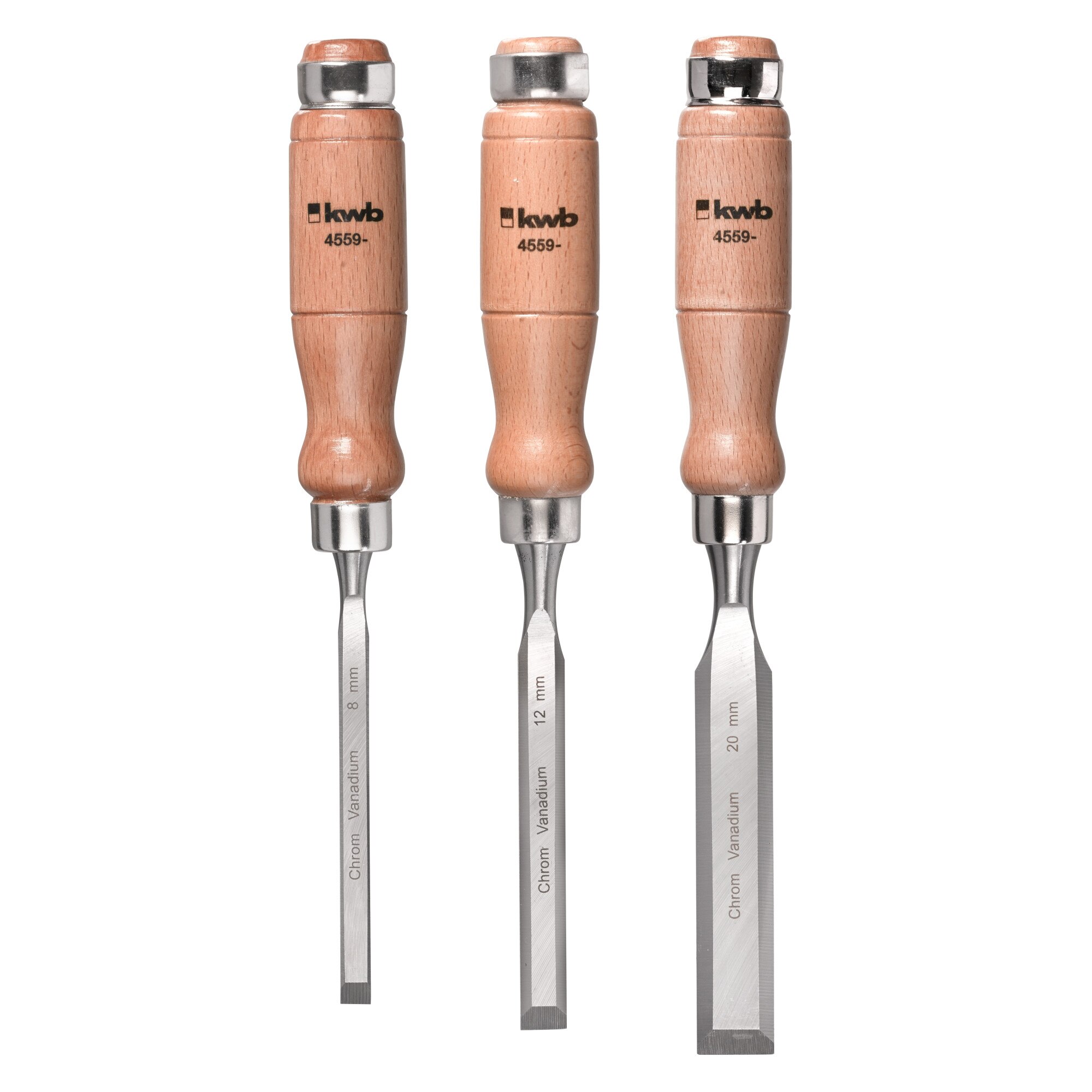 Set 3 bucati, Dalti pentru lemn 8,12,20 mm cu maner din lemn de fag, KWB Professional