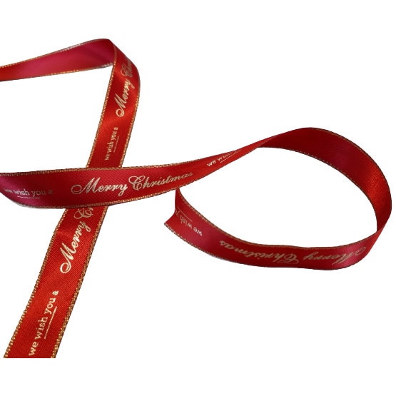 Banda satinata rosie cu imprimeu auriu Merry Christmas, 1.6 cm latime, 1m lungime