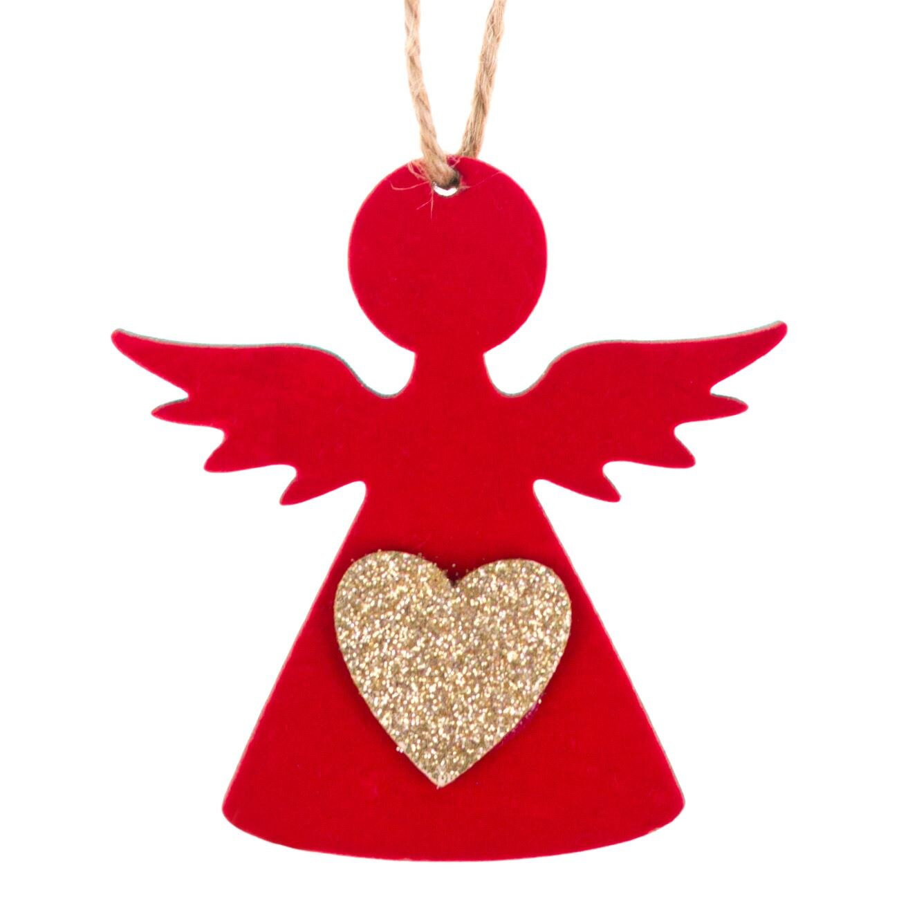 Ornament lemn Craciun, inger rosu auriu, 7.5 cm