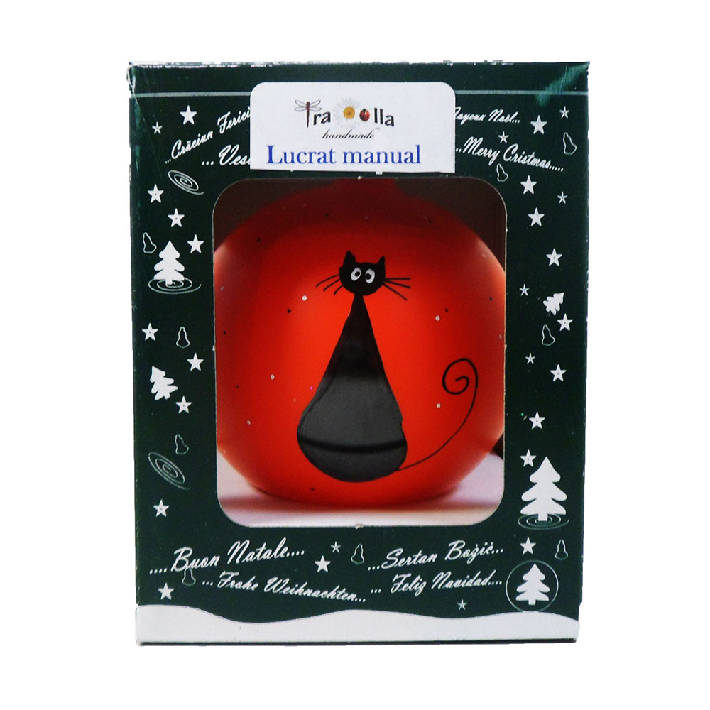 Glob din sticla rosu cu pisica, 8cm, lucrat manual