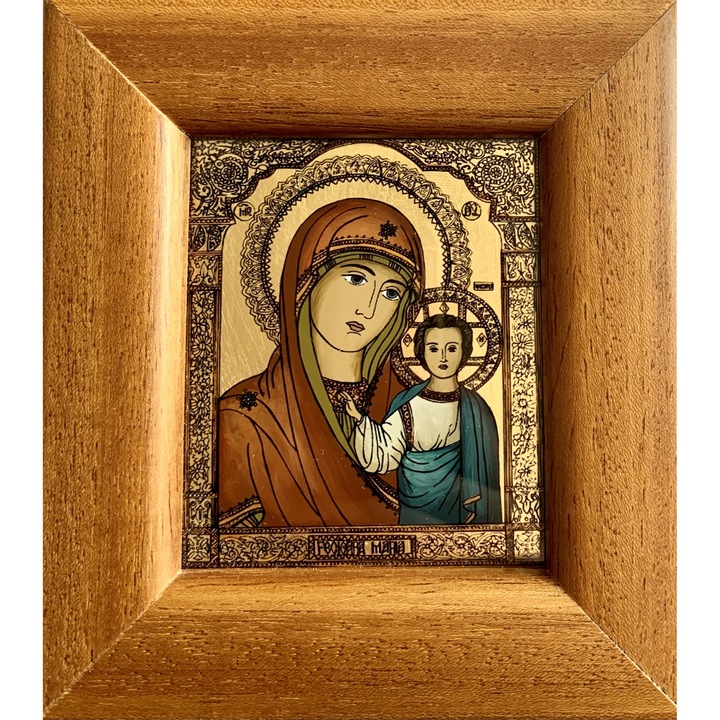 Icoana pictata manual pe sticla , Sfanta Fecioara cu pruncul Iisus, Fecioara Maria, 12x11 cm