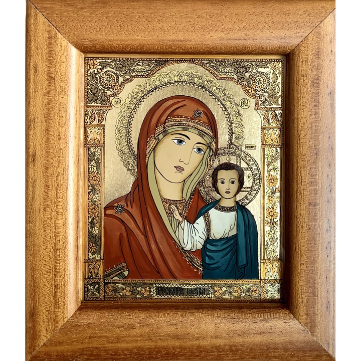 Icoana pictata manual pe sticla , Sfanta Fecioara Maria cu pruncul , 16 x 14 cm