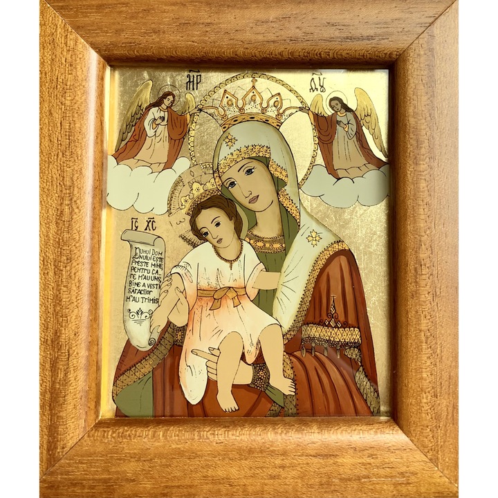 Icoana pictata manual pe sticla, Maica Domnului Axionita , Fecioara Maria, 16 x 14 cm