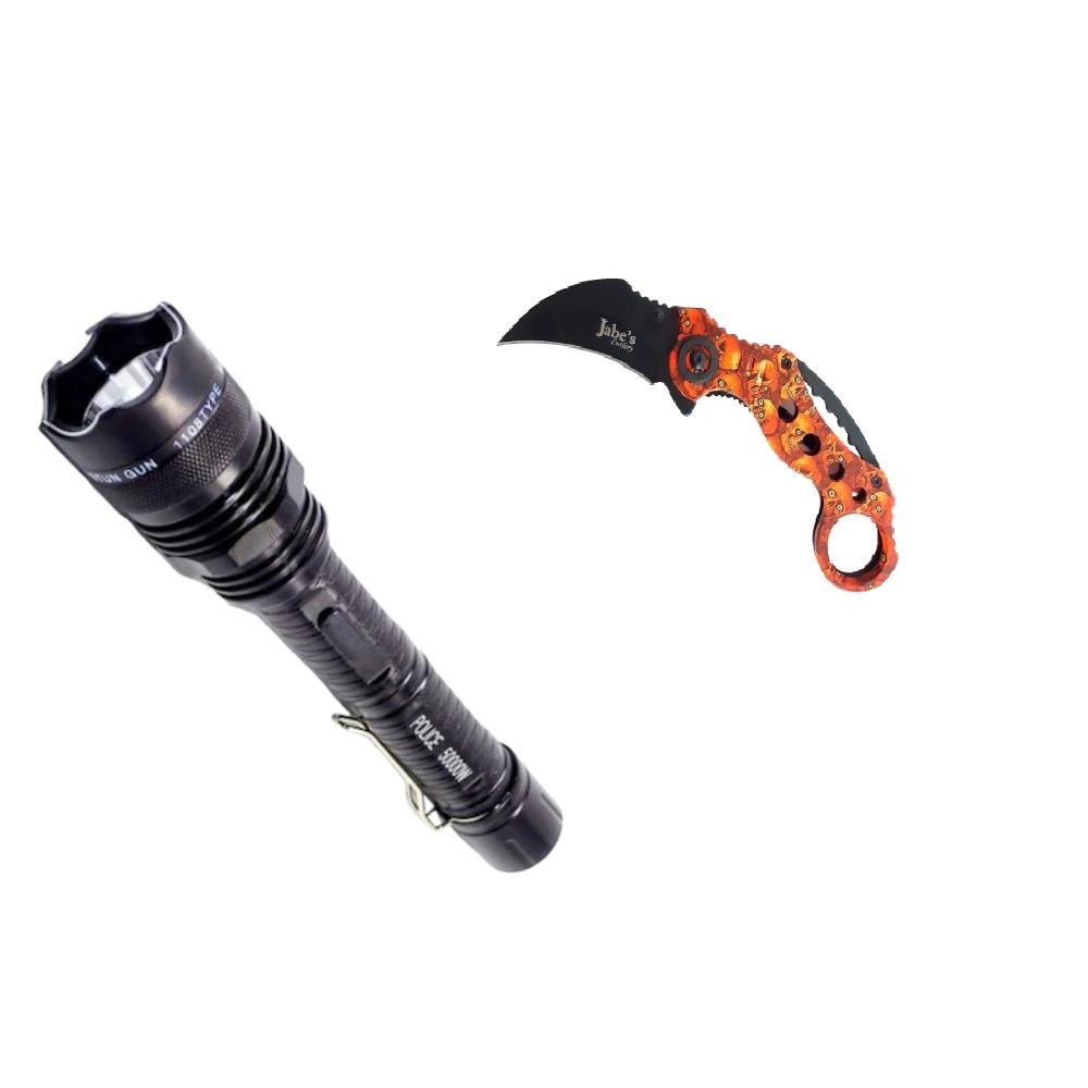 Set Format Din Briceag, Skull Dead, deschidere manuala cu prindere la curea si electrosoc cu lanterna si acumulator BTG 1108, din aluminiu, negru