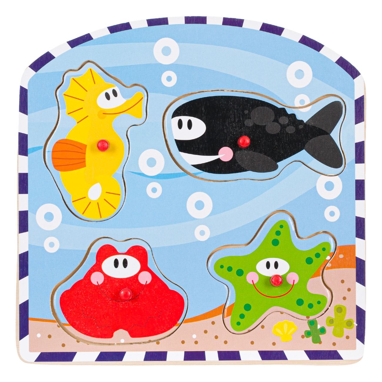 Puzzle din lemn, Zola®, 4 piese, multicolor, cu animale subacvative, 18x18 cm