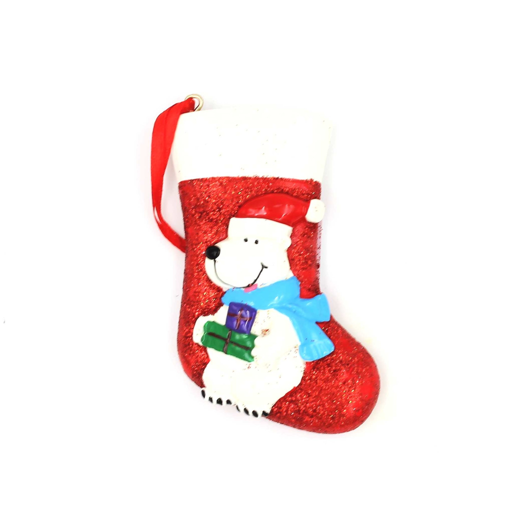 Decoratiune de Craciun cu magnet, Gift Design, ciorap si urs polar, multicolor, 9x9 cm