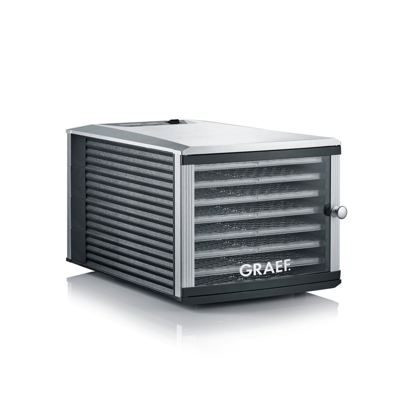 Deshidrator Graef, DA508, cu 8 tavi de 295 x 365 mm, fara BPA, suprafata deshidratare 0,84 m², temperatura ajustabila si timer, tehnologie Dry Balance, usor de curatat, argintiu