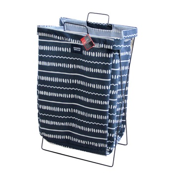 Cos rufe baie RAKI cu cadru metalic pliabil 35x26x59cm albastru cu buline albastre Cos rufe baie RAKI cu cadru metalic pliabil 35x26x59cm albastru cu buline albastre